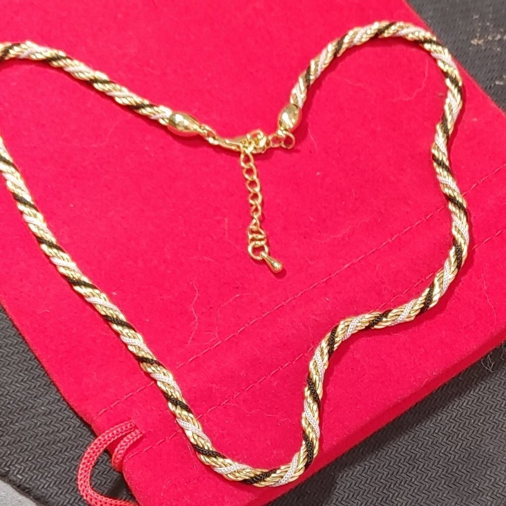 Gold Tone Metal Chain and Grey & Dark Brown Twisted Silk Ropen Necklace